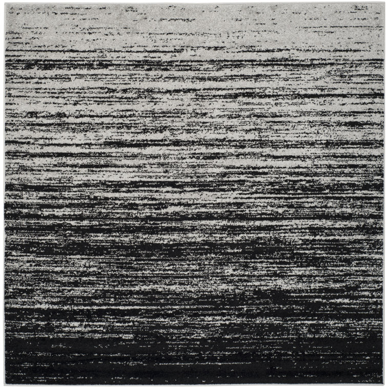 Silver and Black Striped Synthetic Square Area Rug