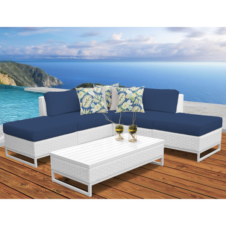 White Wicker Rattan 6-Piece Sectional Seating Group with Navy Cushions