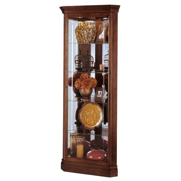 Windsor Cherry Lighted Corner Curio Cabinet with Glass Shelves