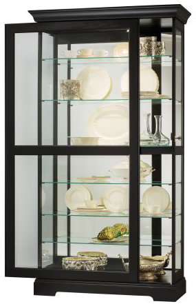Traditional Black Satin Lighted Corner Curio Cabinet