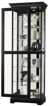 Black Satin Traditional Lighted Curio Cabinet with Glass Shelves