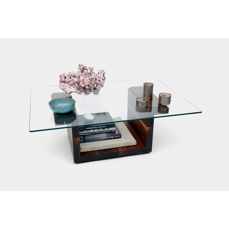 Walnut Pedestal Coffee Table with Rectangular Glass Top