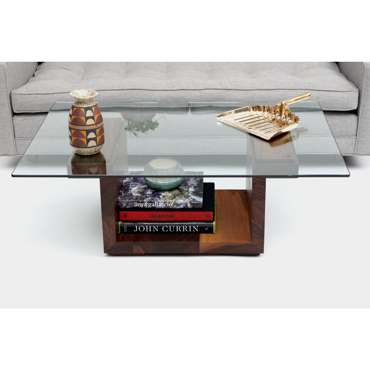 Walnut Pedestal Coffee Table with Rectangular Glass Top