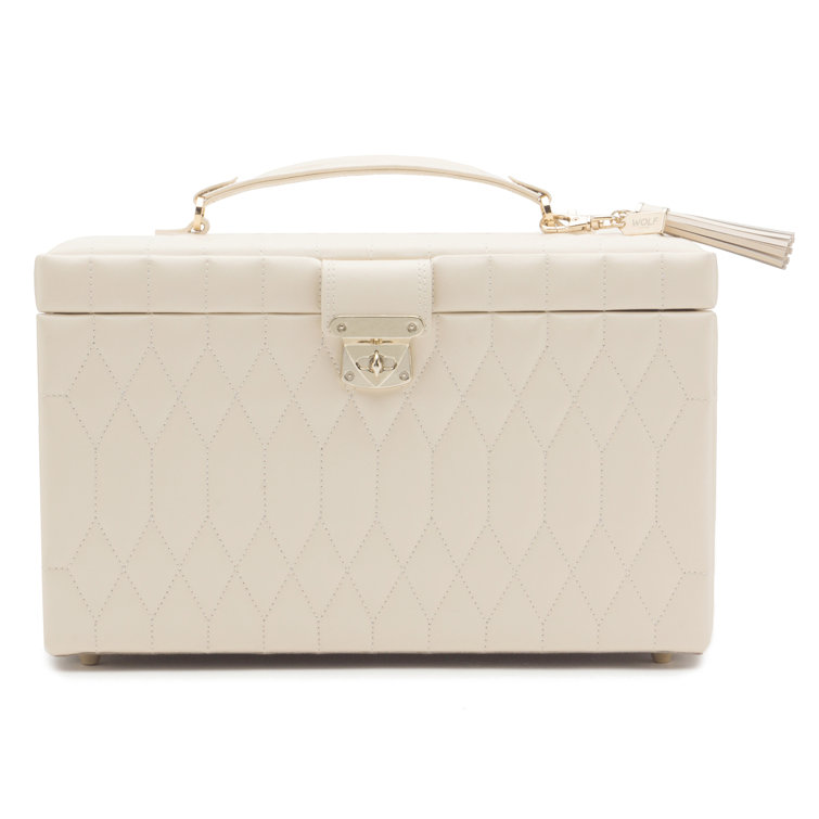 Ivory Quilted Leather Rectangular Jewelry Travel Case