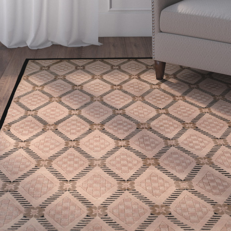 Hand-Knotted Black and Beige Geometric Wool Silk Rug