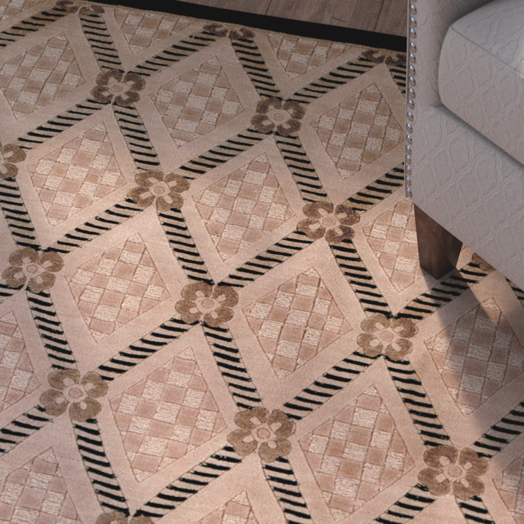 Hand-Knotted Black and Beige Geometric Wool Silk Rug