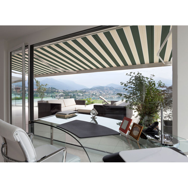 Garden Green and Sand Beige Striped Retractable Electric Awning