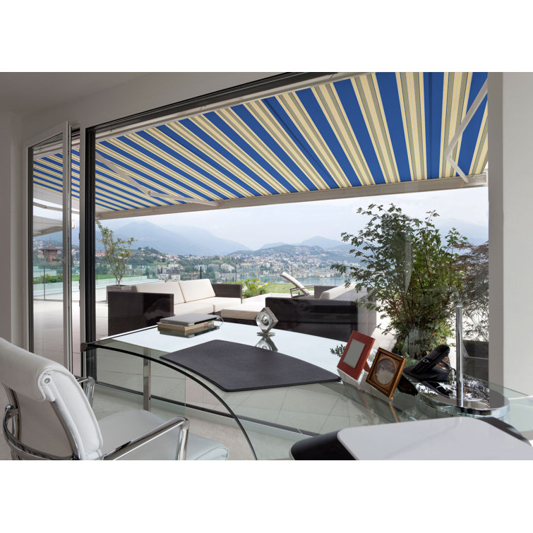 Ocean Blue and Beige Striped Acrylic Retractable Patio Awning