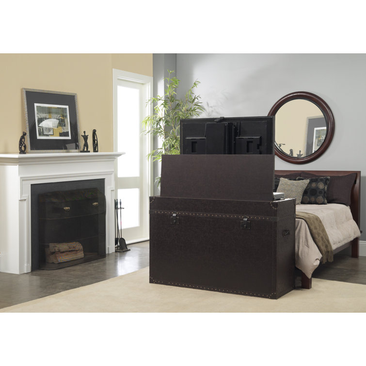 Elevate Rustic 46" Leather-Wrapped Motorized TV Lift Cabinet with Hand-Hammered Details