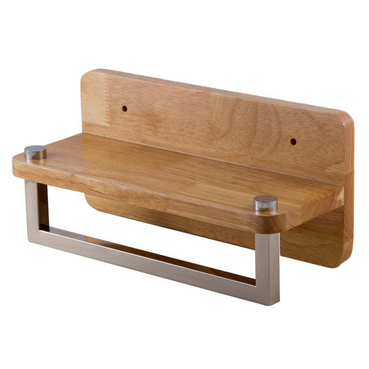 Natural Wood Wall Shelf with Chrome Towel Bar