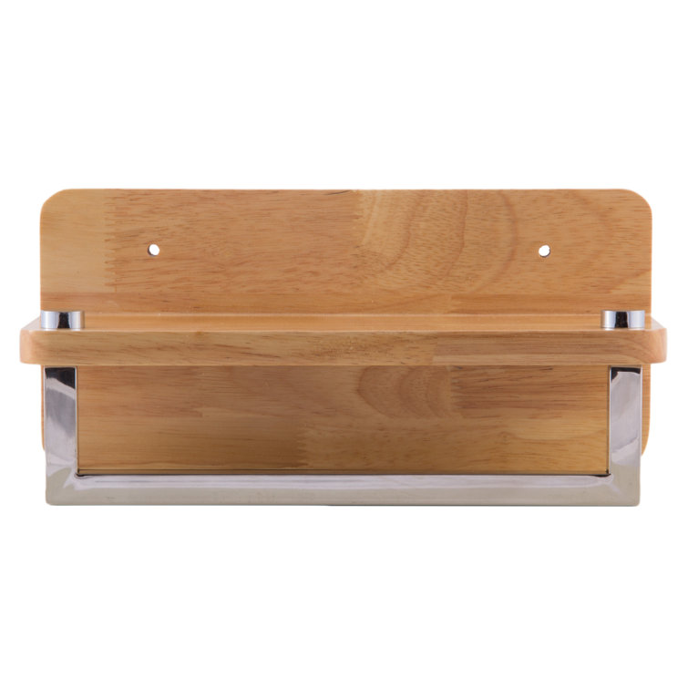 Natural Wood Wall Shelf with Chrome Towel Bar