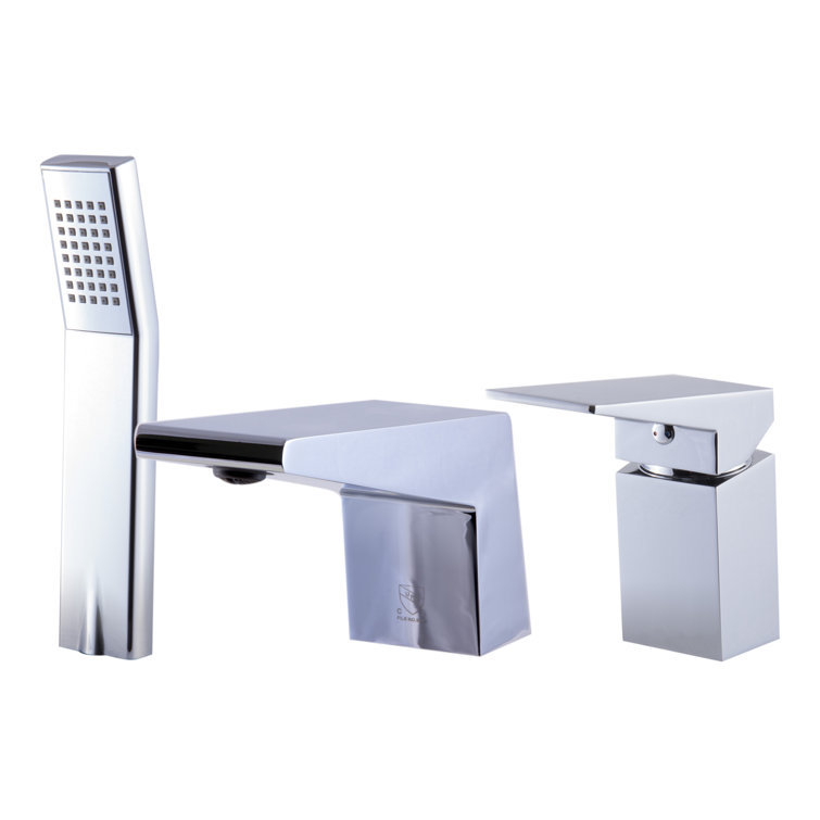 Polished Chrome Modern Deck Mounted Tub Faucet with Hand Shower