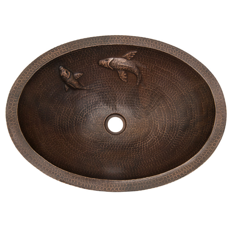 19" Oval Hammered Copper Undermount Sink with Koi Fish Design