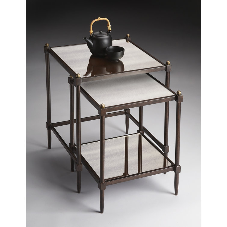 Pewter Finish Mirrored Nesting End Tables with Gold Accents