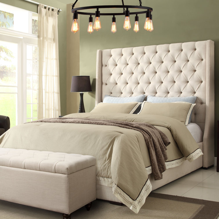 Desert Sand Linen Queen Bed with Tufted Upholstered Headboard