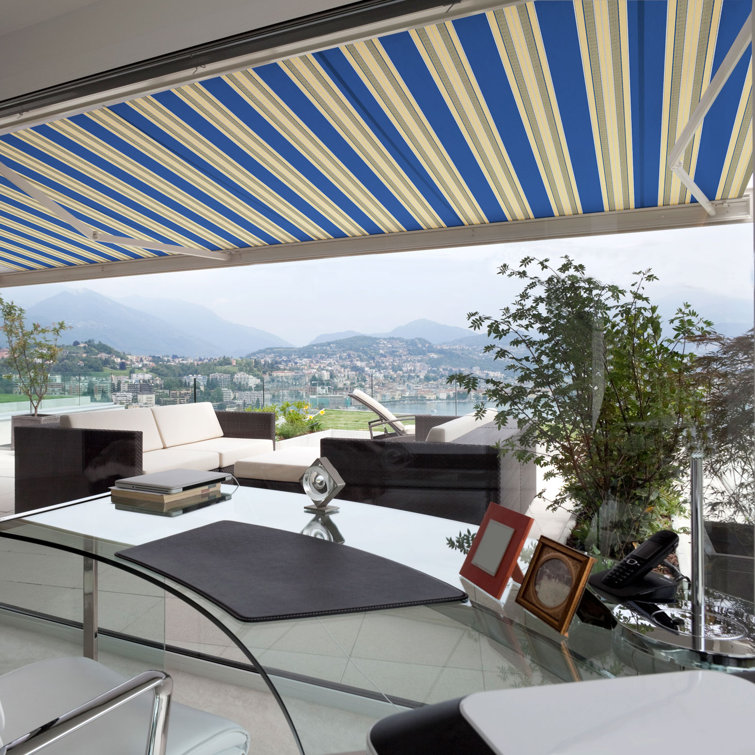 Ocean Blue and Beige Striped Acrylic Retractable Patio Awning