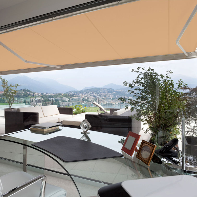 Khaki 12' x 10' Retractable Patio Awning with Aluminum Frame
