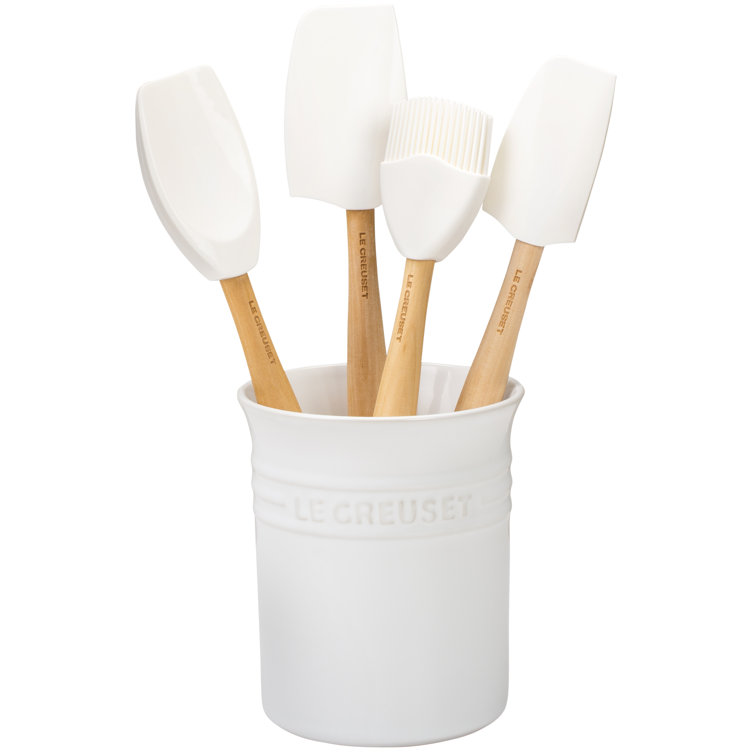 White Silicone 5-Piece Utensil Set with Stoneware Crock