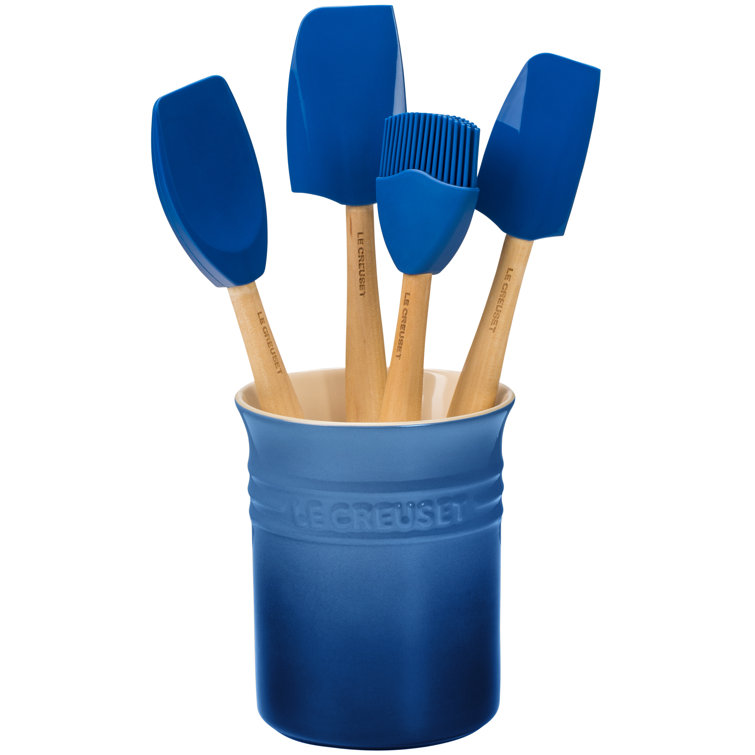 Marseille Blue Silicone 5-Piece Utensil Set with Stoneware Crock