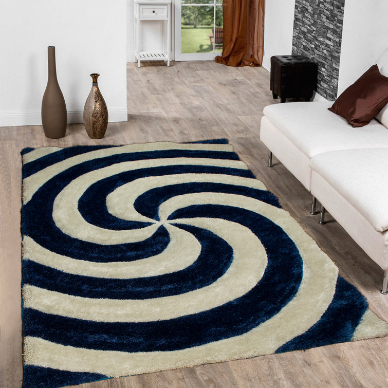 Cobalt Blue and Cream Geometric Shag Rug 5' x 7'
