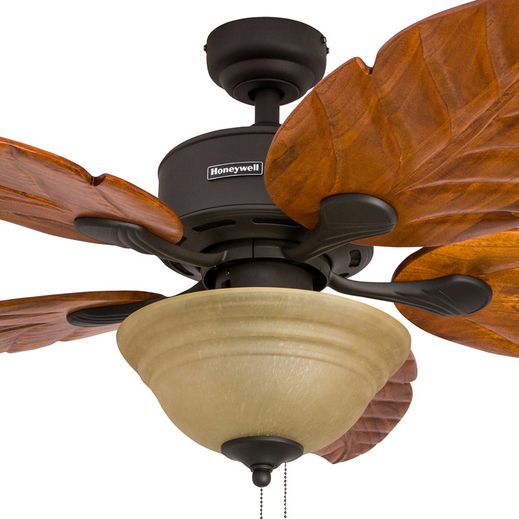 52" Bronze Tropical Ceiling Fan with Hand-Carved Wood Blades