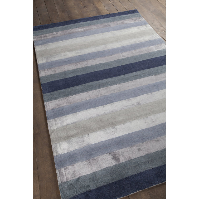 Gray and Blue Striped Handmade Wool Rug 9' x 13'
