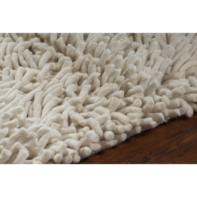 Beige Rectangular Handmade Wool Shag Area Rug