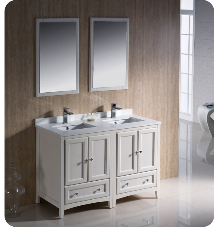 Oxford 48" Antique White Quartz Double Sink Vanity Set with Mirrors