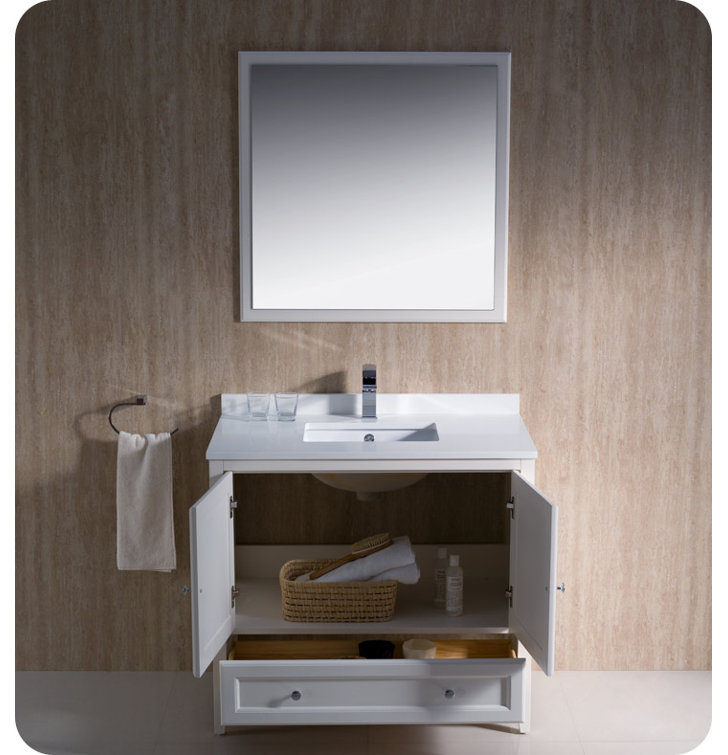 Oxford 36" Antique White Quartz Stone Single Sink Vanity Set with Mirror