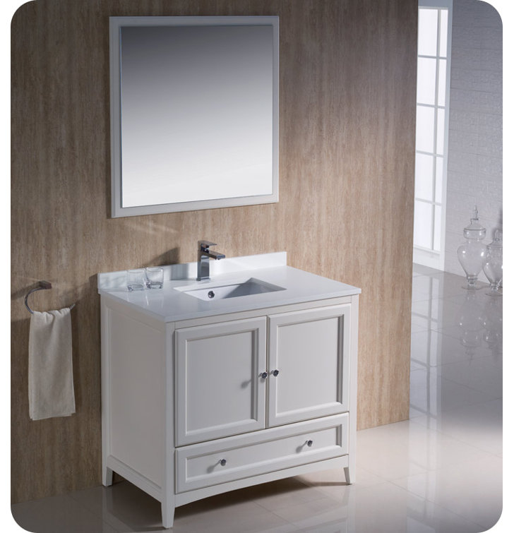 Oxford 36" Antique White Quartz Stone Single Sink Vanity Set with Mirror