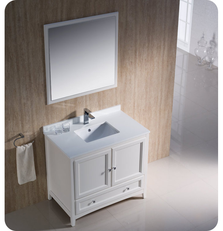 Oxford 36" Antique White Quartz Stone Single Sink Vanity Set with Mirror