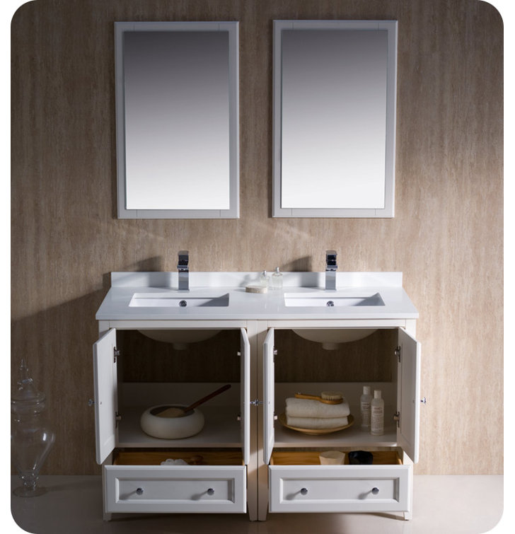 Oxford 48" Antique White Quartz Double Sink Vanity Set with Mirrors
