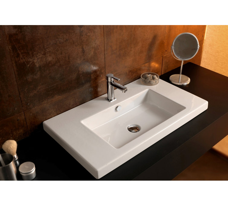 Glossy White Ceramic Rectangular Wall-Mounted Bathroom Sink