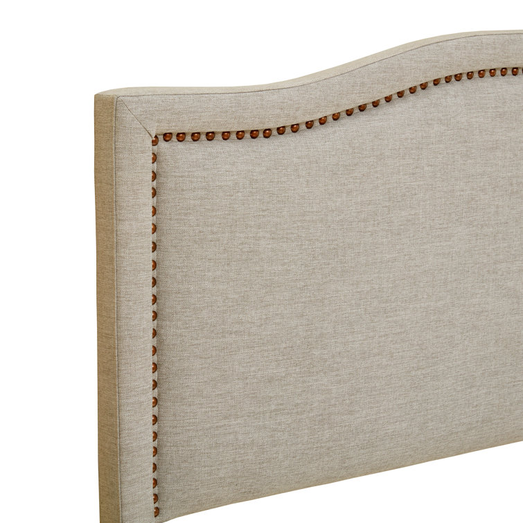 Beige Queen Upholstered Headboard with Nailhead Trim