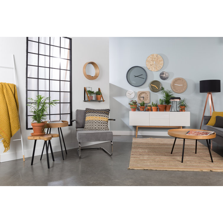 Round Brown MDF Tray Top End Table with Black Metal Legs