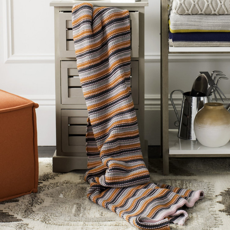Gray and Orange Cotton Knitted Throw Blanket