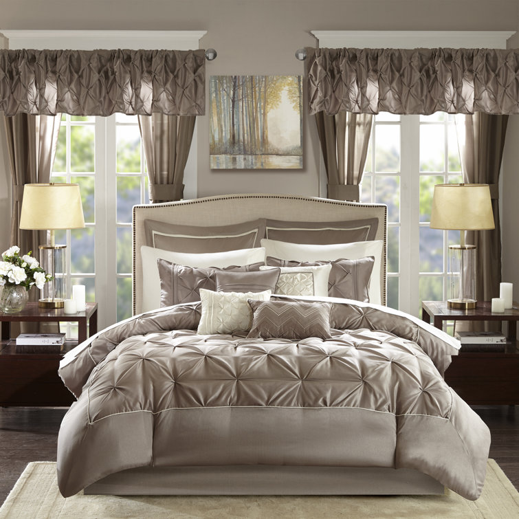 Taupe Queen Microfiber 24-Piece Bedding Set with Tufted Details