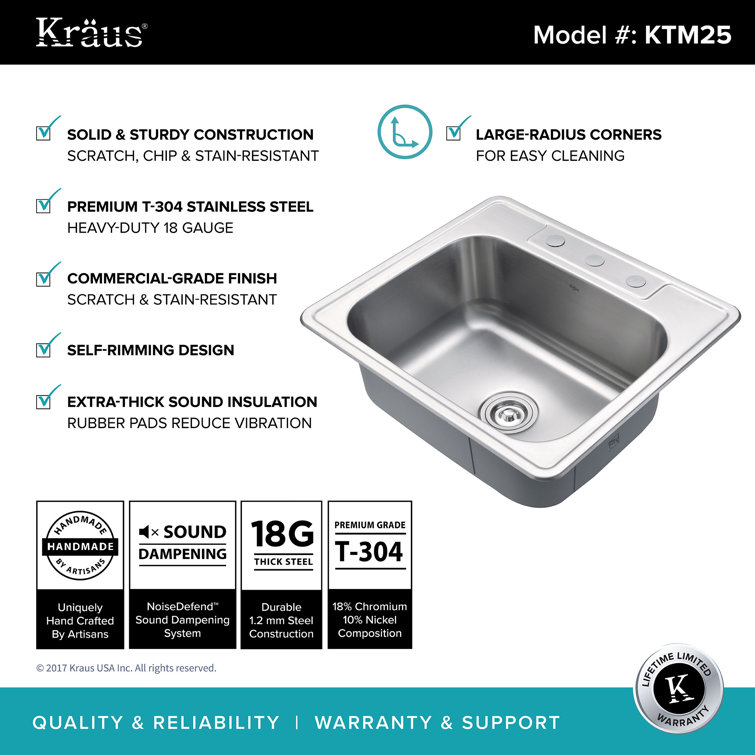25-Inch Stainless Steel Single Bowl Drop-In Kitchen Sink