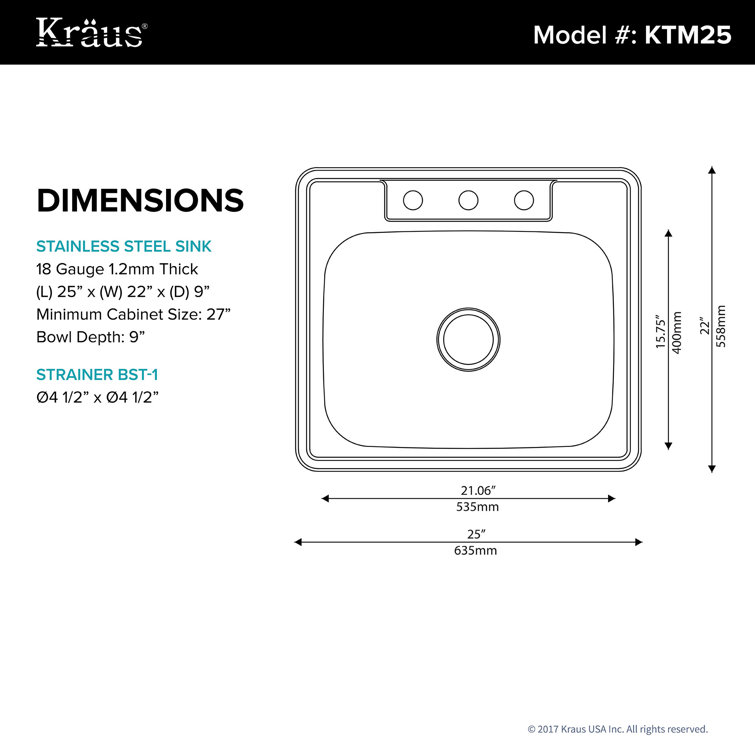 25-Inch Stainless Steel Single Bowl Drop-In Kitchen Sink