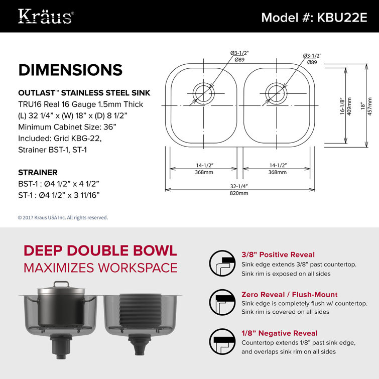 32'' Stainless Steel Undermount Double Bowl Kitchen Sink