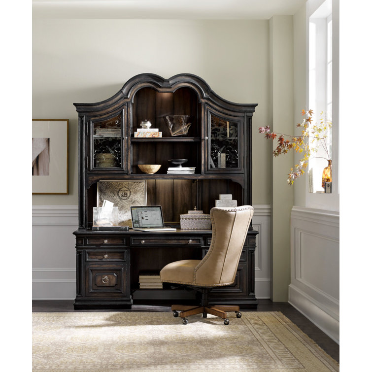 Beige Leather Swivel Executive Chair with Wood Base