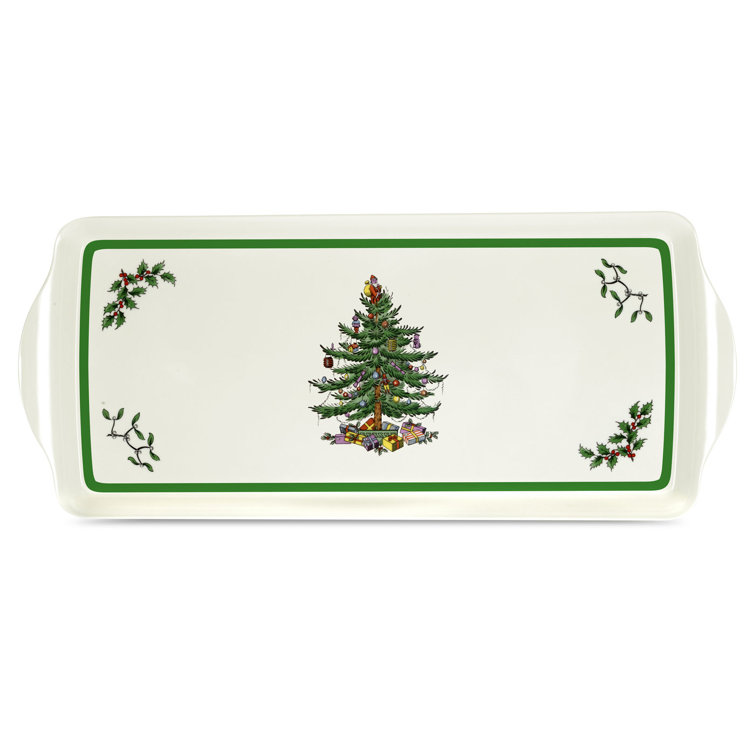Festive Green-Banded Christmas Tree Melamine Sandwich Tray - 15.1 x 6.5 Inches