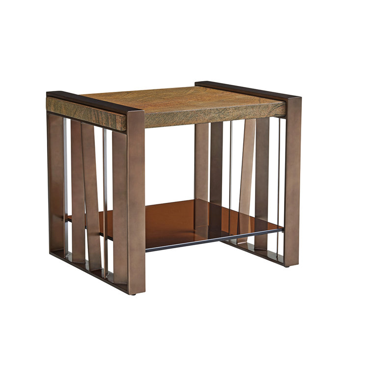 Transitional Amber-Tinted Glass and Brazilian Gold Granite Shelf End Table