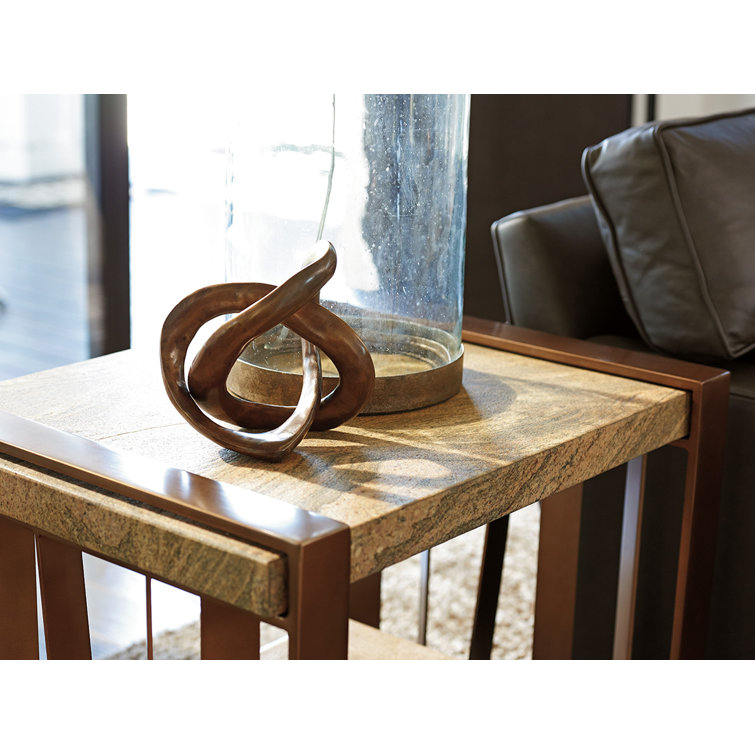 Transitional Amber-Tinted Glass and Brazilian Gold Granite Shelf End Table