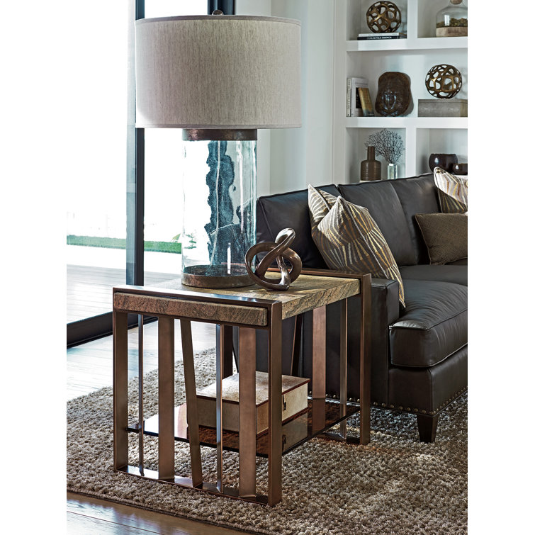 Transitional Amber-Tinted Glass and Brazilian Gold Granite Shelf End Table