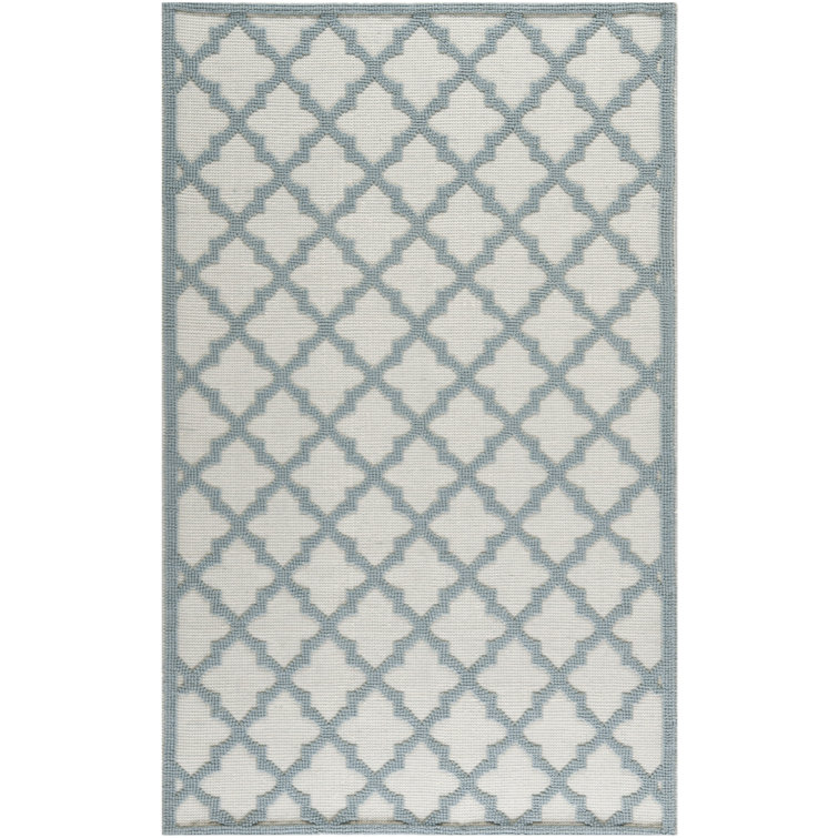 Ivory and Light Blue Geometric Wool Area Rug, 5' x 8'
