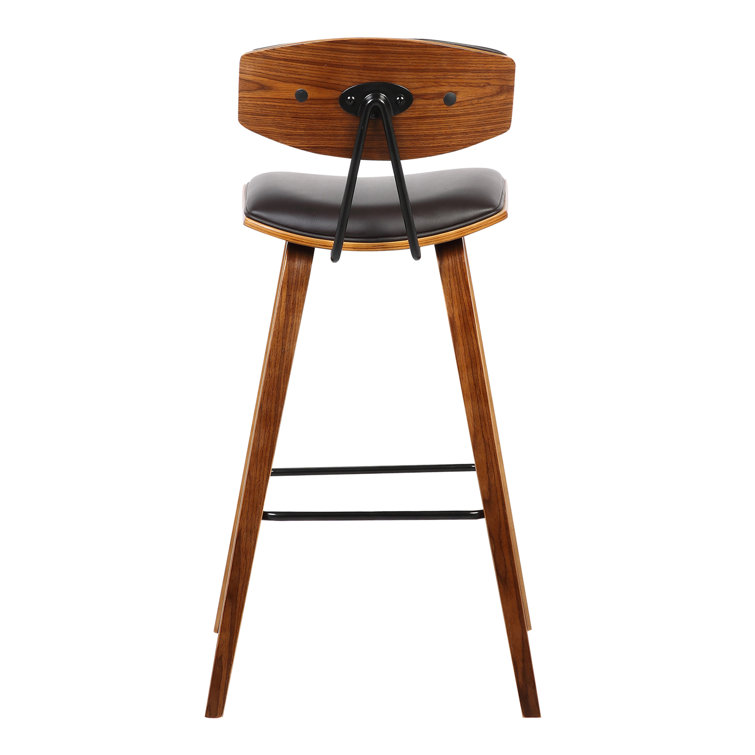 Fox 30'' Brown Faux Leather and Walnut Wood Mid-Century Bar Stool