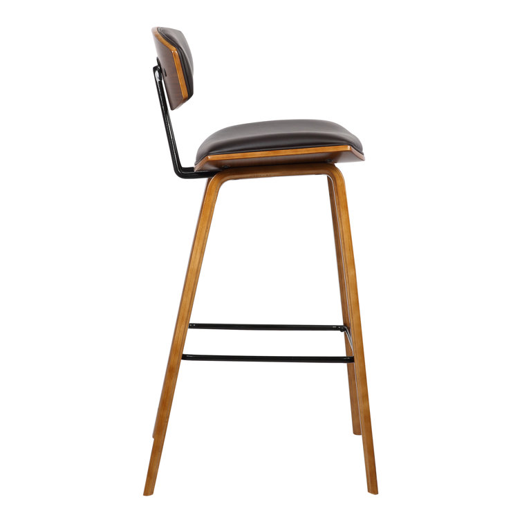 Fox 30'' Brown Faux Leather and Walnut Wood Mid-Century Bar Stool