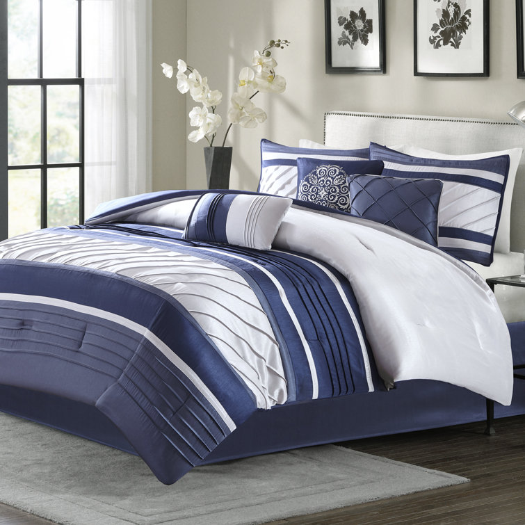 Navy Microfiber 7-Piece Queen Comforter Set with Decorative Pillows
