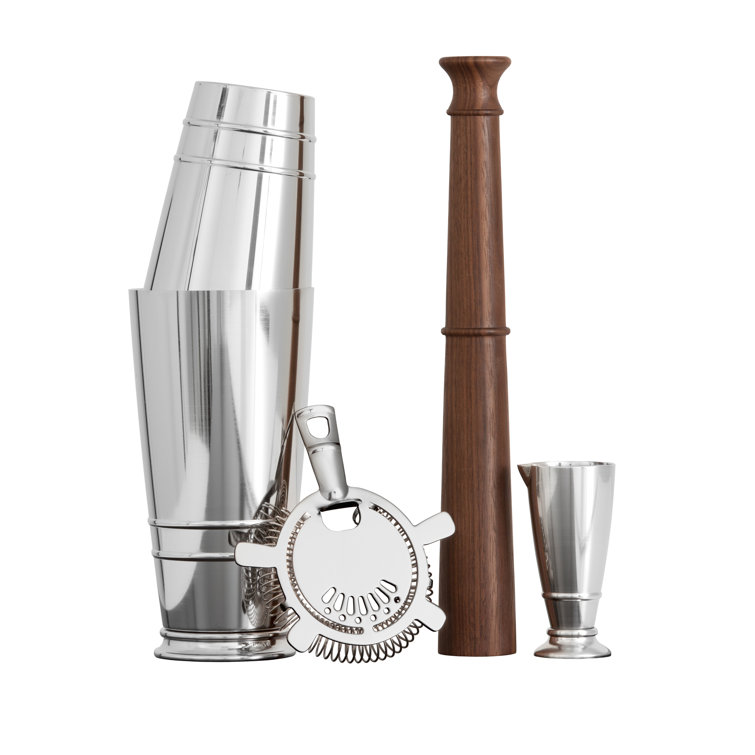 Silver and Walnut 4-Piece Bar Tool Set with Strainer and Jigger